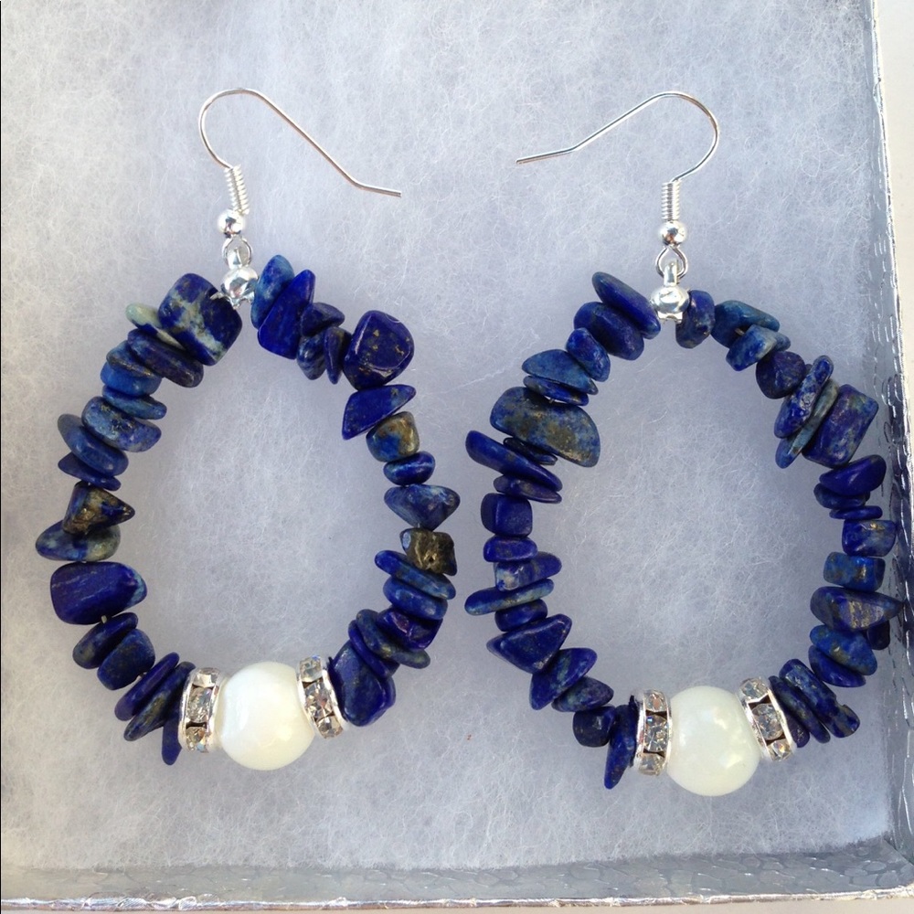 Blue Lapis Lazuli White Howlite Hoop Earrings